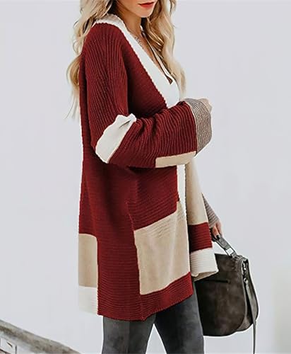 Image of chouyatou Women's Fall Geometric Color Block Open Front Cardigan Sweater Elegant Casual Oversized Coatigan Coat