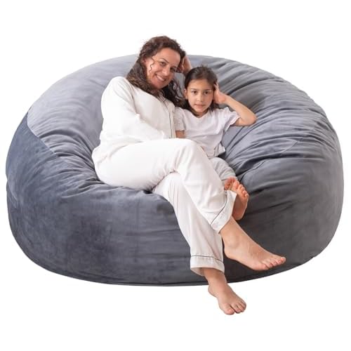 X-Large Bean Bag Chair: 5 ft Memory Foam Bean Bag Chairs for Adults/Kids,Bean Bag Chair with Fillings,Soft Faux Fur Fabric – Dutch Velvet, Grey, 5 Foot