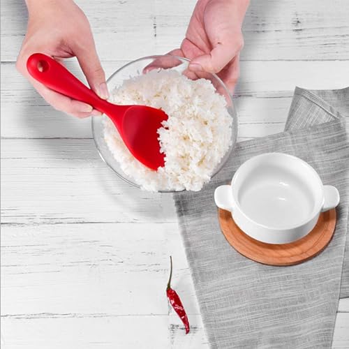 Image of Baskety Non-Stick Rice Spoon Silicone Ladle Soup Spoon with Handle for Dining Table 22.3 x 6.8 cm (Pure Red)