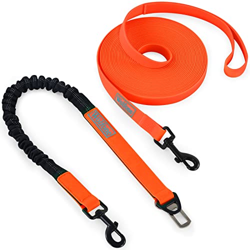 Wolfone Waterproof Dog Training Lead Set for Large Medium Small Dogs Heavy Duty:10ft Orange Long Dog Lead & Anti-pull Shock Absorber Bungee Dog Lead with Reflective Threads & Car Seat Belt Buckle