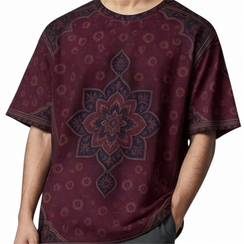 Persian Rug Pattern T-Shirt for Men, Oxblood Red, Large