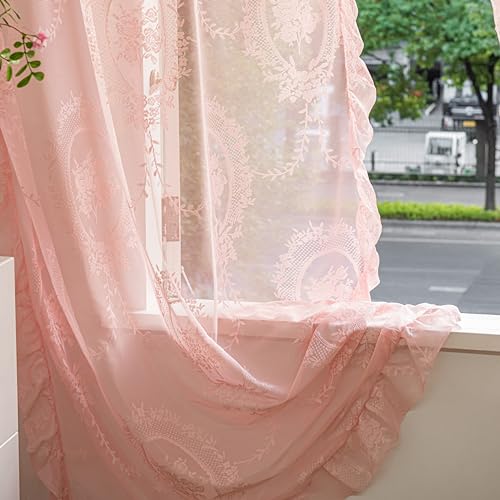 Lavyhuno Pink Lace Sheer Curtains Set of 2 Panels for Kitchen Nursery Room, Rose Florals Embroidery Shabby Chic Window Treatments Drapes Pair for Kid Girl's Room, Rod Pocket W57 x L63