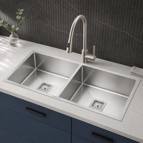Image of EVANEX Double Bowl Kitchen Sink 45x20x10 inch Double Sink for Kitchen 304 Stainless Steel Handmade Kitchen Sink Including Couplings, Waste Pipe, Connector and Drain Basket