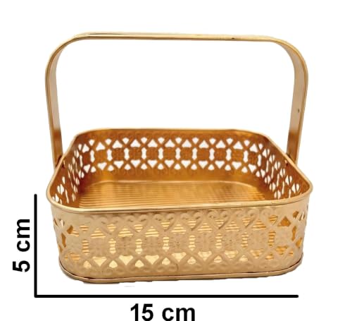 Image of Multipurpose Metal Basket For Gift Hamper, Pooja Temple Storage With Sturdy Handle, Decorative Flower Organizer & Versatile Puja Utility Accessories Home Decoration (Square Small 15cm)