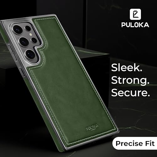 Image of PULOKA Chrome Leather Back Case - Compatible with Samsung Galaxy S25 Ultra - Luxury Bumper Case - Flexible Vegan Leather - Electroplated Sides - Full Camera Protetection & Raised Edges - Green