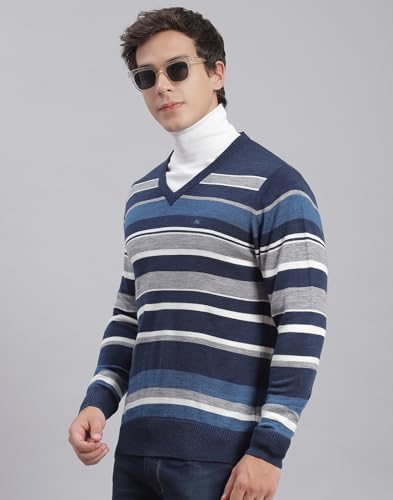 Image of Monte Carlo Royal Blue Striped V Neck Pullover | Warm Woolen Pullover for Men | Soft Comfortable Knitted Winter Wear Sweater for Men's