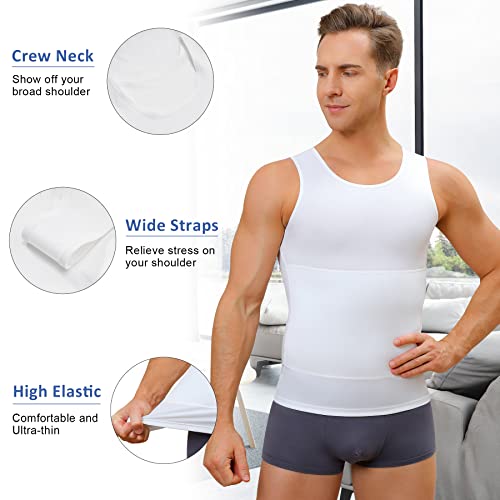 Mens Compression Shirt Workout Tank Tops Slimming Body Shaper Vest Abs Abdomen Undershirts (White, Large) #TOP1