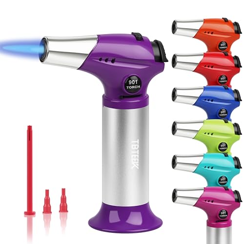 Image of TBTEEK Butane Torch T901, Kitchen Torch Cooking Torch with Safety Lock & Adjustable Flame for Cooking, BBQ, Baking, Brulee, Creme, DIY Soldering(Butane Not Included), Purple