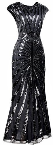 Image of Women Evening Maxi Long Dress 1920s Sequin Mermaid Hem Wedding Prom Gown Costume w / 20s Gatsby Accessories Set