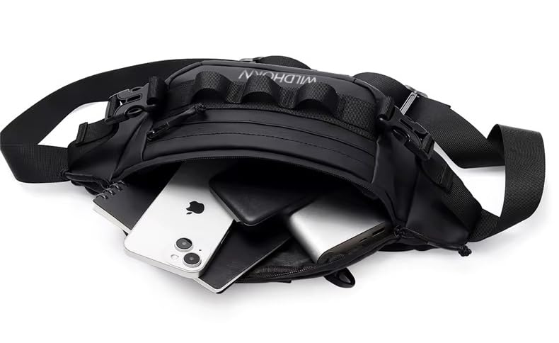 Image of WILDHORN Outdoor Nylon Fishing Waist Bag for Men & Women | Sport Fanny Pack & Tackle Storage Pouch with Multi-Pockets | Adjustable Utility Waist Pack for Fishing, Travel & Gym (Black)