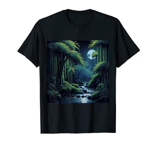 Anochecer en el bosque de bambú japonés con corriente de agua Camiseta