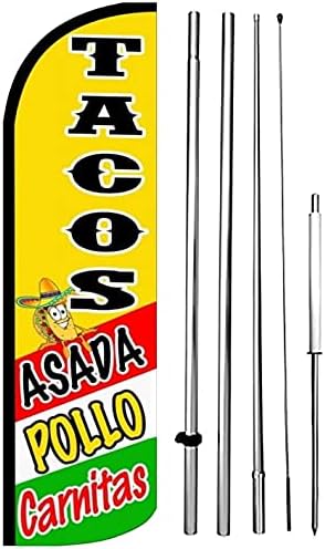 TACOS ASADA POLLO CARNITAS - Bandera de Swooper sin viento, letrero de plumas de 15 pies de alto, kit yq-h, amarillo