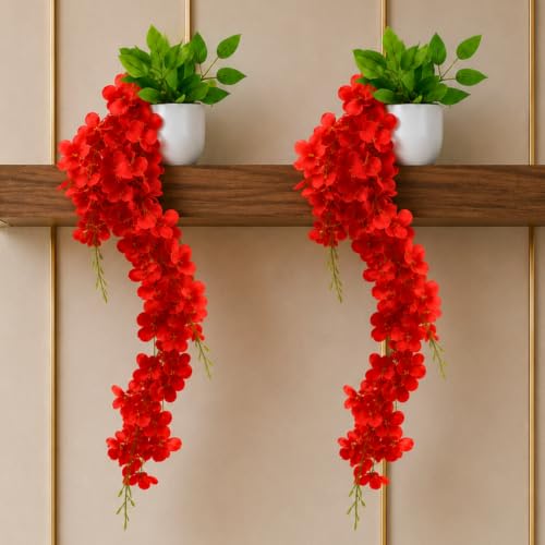 Image of fancymart Artificial Flower Red Wisteria Hanging Plant with White Pot, 60 cm Height, Pack of 2, Realistic Floral Vine for Home, Office, Living Room & Wall Decor