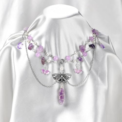 MOSTORY Fairy Ren Faire Necklace - Purple Layered Beaded Necklaces for Women Crystal Charm Necklace for Renaissance Ren Faire Fairycore Aesthetic Elf Cosplay Photo Shoot Halloween2