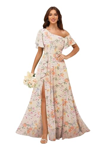 Image of One Shoulder Bridesmaid Dresses for Women with Pockets Short Sleeve Ruffled Chiffon Formal Evening Gowns