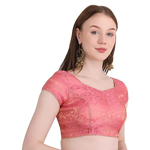 Image of Women's Short Sleeve Brocade (Chanderi) Readymade Stitched Saree Blouse Ready to Wear Half Sleeves Ladies Blouse