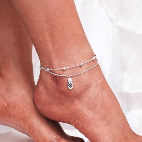Image of CHIC & ARTSY 925 Sterling Silver Ankle Bracelets for Women, Adjustable Layered Foot Chains with Nature & Symbol Charms, Lightweight Comfort Fit Boho Beach Everyday Jewelry