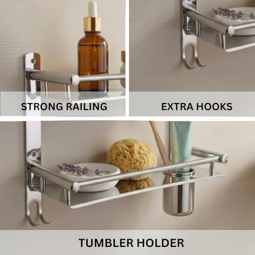Image of GLOXY Premium 2 Tier Bathroom Stainless Steel Shelf with Toothbrush Holder, Soap Dish - Chrome Finish Wall Mounted 2 Layer Shelf with Multipurpose Hooks for Bathroom - Home Decor Bathroom Accessories