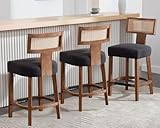 LIVINOVA 26’’ Rattan Barstools with Back Counter Height Bar Stools Set of 3, Modern Farmhouse Charcoal Linen Upholstered Wicker Counter Stools, Woven Boho Bar Height Stools with Natural Wood Frame