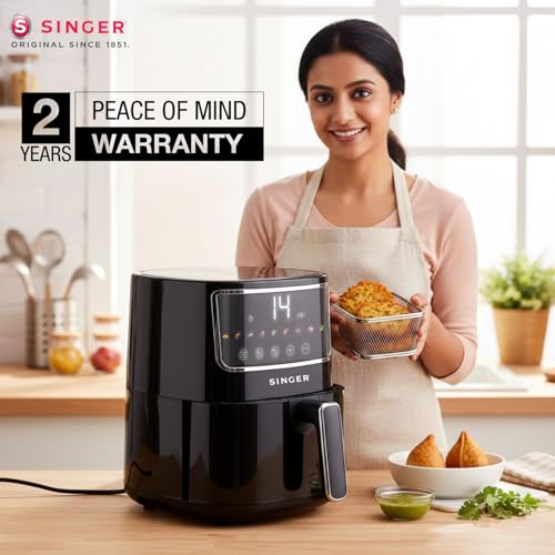 Image of SINGER Electric Airfrio Air Fryer 1350W | 4.4L Basket | 100% Oil-Free Cooking | Digital Display | 10-in-1 Functions | 360 High-Speed Air Circulation | ISI Certified | 2 Years Warranty