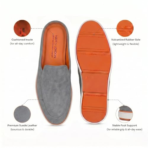 Image of HAYES LONDON Riviera Italian Suede Leather Backless Slip-On Mule Loafers for Men | Casual Summer Walk Half Shoes | Comfortable Open-Back Driving Loafers