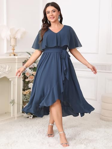 Image of Women Plus Size Long Formal Dress Short Sleeve Chiffon Ruffle V Neck High Low Split Wedding Guest Maxi Dresses
