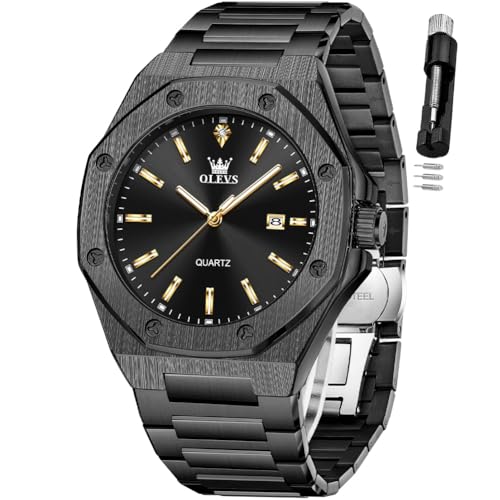 OLEVS - Large Easy to Read Stainless Steel Business Watch Analog Waterproof Luminous Casual Luxury Men Watch