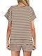 REORIA Damen Baumwolle Rundhals Gestreifter Trainingsanzug Kurzarm Tops und Shorts Zweiteiler Jogginganzug Hausanzug Sport Sets Lounge Set Braun M