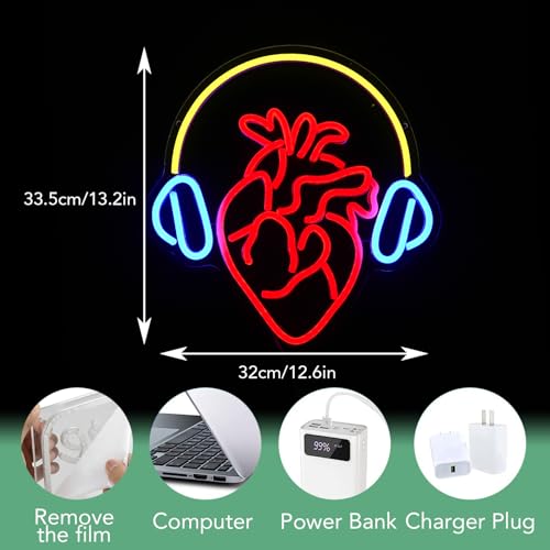 Image of Heartbeat Melody Neon Sign USB Heart LED Signs Headphone Music Neon Light Sign Wall Decor for Bedroom Bar Gifts for Musicians Lovers Gamers