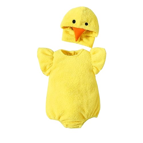 Disfraz Pollito Bebe, Body de Pollo Bebé, Ropa Mono de Manga Corta Volantes de Gallina, Bodies de Animados de Lana con Capucha, Cosplay para Niña Niño Pascua Carnaval Cumpleaños Amarilla 1- 2 Años