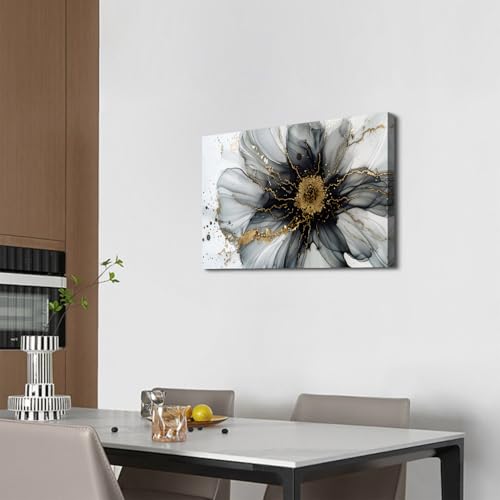Image of Black and White Gold Abstract Wall Art Modern Wall Decor Marble Flower Fluid Picture Canvas Prints for Bathroom Living Room Watercolor Minimalist Abstracted Painting Artwork Home Decoration 16x24 inch
