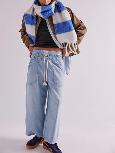 chouyatou Women's Drawstring Waist Barrel Jeans Boyfriend Baggy Loose Jeans Wide Leg Capri Denim Pants with Pockets2