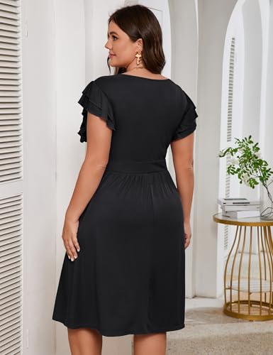 Image of ShopWonder Women Plus Size Midi Dress Short Ruffle Sleeves High Waist Casual Summer Dress with Pockets