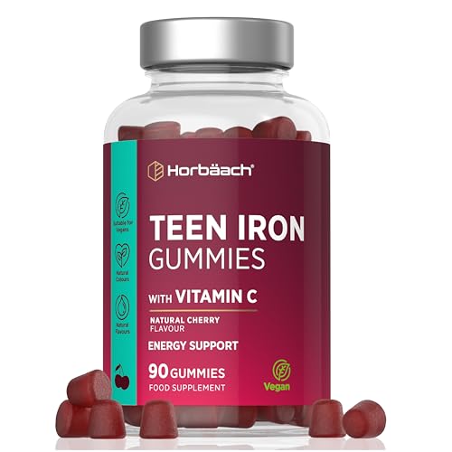 Iron Gummies for Teens with Vitamin C | 90 Count | Cherry Flavour Tablet Alternative for Teens 13+ | 14mg Iron with 40mg of Vitamin C for Absorption | Energy Support | Vegan | by Horbaach