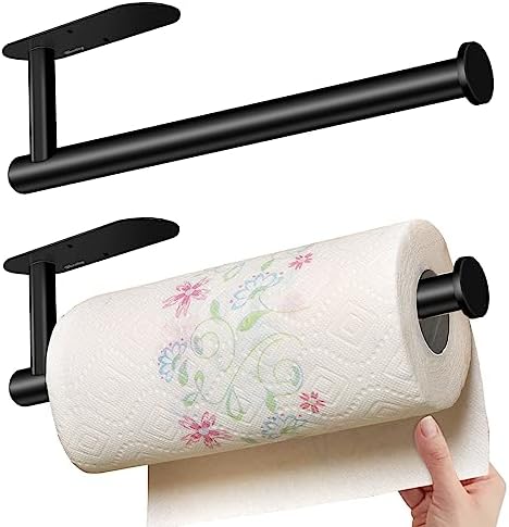 Paper Towel Holder Towel Rack,WACETOG Under Cabinet Paper Towel Holder Wall Mount 2 Pack Stainless Steel Paper Towel Rack for Kitchen Paper Towel Roll Holder (Black)