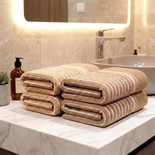 Image of Athom Living Premium Hand Towels- Cotton, 400 GSM, Ultra Soft, Quick Dry, Highly Absorbent | for Hand, Kitchen and Gym | 60 * 40 cm, Pack of 4 | Beige