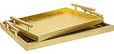 JUMBO HUMBLE Modern Elegant Large Wood Serving Tray, Set of 2 Gold Crocodile Leather with Gold Polished Metal Handles, Home Decorative Rectangle Ottoman Decor Platter Living Room Bathroom Vanity Tray