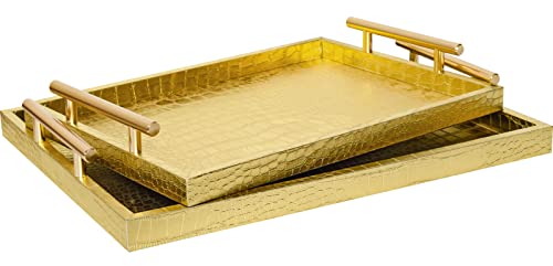 JUMBO HUMBLE Modern Elegant Large Wood Serving Tray, Set of 2 Gold Crocodile Leather with Gold Polished Metal Handles, Home Decorative Rectangle Ottoman Decor Platter Living Room Bathroom Vanity Tray by JUMBO HUMBLE - Used condition - US$31.44