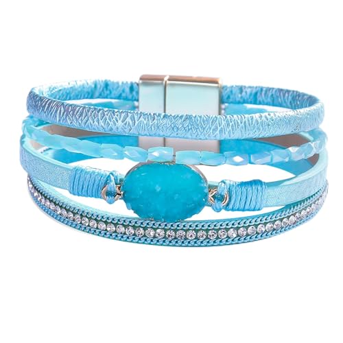 P Ammy Fashion® Leather Wrap Bracelet Boho Cuff Bracelets Crystal Bead Bracelet with Magnetic Clasp Jewelry Gifts bohemian bracelet for Women (Light Blue)