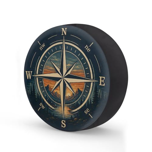 Image of Retro Mountain Compass Spare Tire Cover Wheel Covers Protectors Waterproof Dust-Proof Universal Fit Trailer, RV, SUV and Many Vehicle 14 Inch,C-07