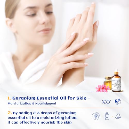 Image of HIQILI 100ML Geranium Essential Oil for Skin, Diffuser & Candle, 100% Pure and Natural - 3.38 Fl Oz