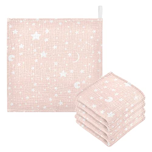 Image of vvfelixl Moon Star Baby Burp Cloths, Baby Muslin Washcloths for Boys Girls, Cotton Baby Face Towel for Newborn Infants Soft and Absorbent 11.8 X 11.8 in, 5 Pack Pink