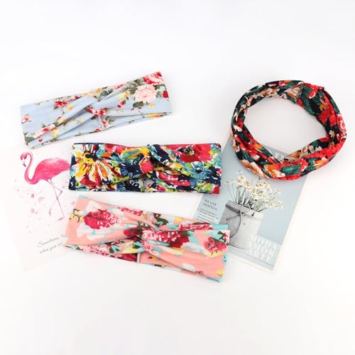 Image of DRESHOW 6 Pack Boho Non-Slip Headbands for Women Girls Yoga Workout Running Knotted Turban Floral Printed Elastic Head Wrap