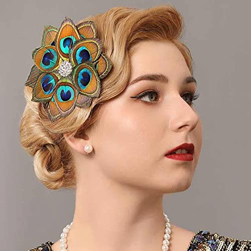 Genbree 1920S Flapper Feather Hair Clip Peacock Headpieces Gatsby Fascinator Hair Band Roaring 20S Prom Party Hair Accessories For Women And Girls(Pattern 1) #TOP2
