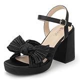 IDIFU Black Platform Heels for Women Chunky Block High Bow Heels Square Open Toe Slingback Heeled Sandals Bride Bridesmaid Wedding Bridal Prom Dress Shoes Ankle Strap Thick Heels(Black Satin, 8)