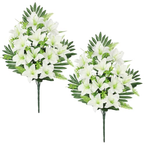Oairse 2 flores artificiales para tumba, ramo de lirios artificiales blancos, flores de lirio falso, flores conmemorativas para arreglos de cementerio flora, decoración de tumbas