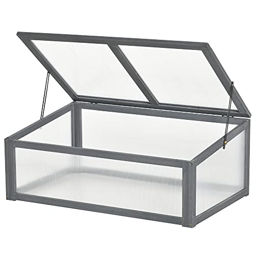 Outsunny Frühbeet Holz, Mini Gewächshaus 100 x 65 x 40 cm, Treibhaus mit Abdeckung, UV Schutz, lichtdurchlässig Frühbeetkasten, Winterfest Hochbeet für Garten, Grau