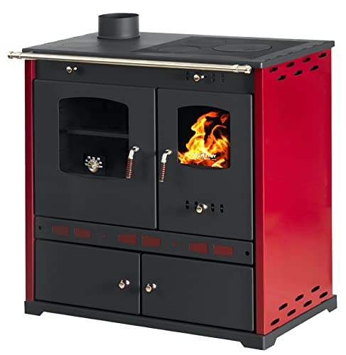 Produktfoto von Kaminofen mit Backfach und Herdplatte Perfect Eco Lux Rot Links Holzofen 7 kW Kamin Ofen Holz Werkstattofen Hüttenofen…