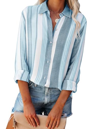 Women's Striped Button Down Shirts Linen Long Sleeve Dress Shirts Collared Blouses Business Casual Outfits Tops