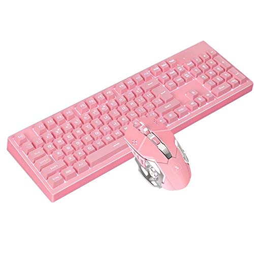 Pink Keyboard and Mouse Combo,2.4GHz Wireless Rechargeable White Backlit Keyboard and 2400DPI Optical Gaming Mouse Set for Gamer Notebook PC (Pink-Square Keycap)